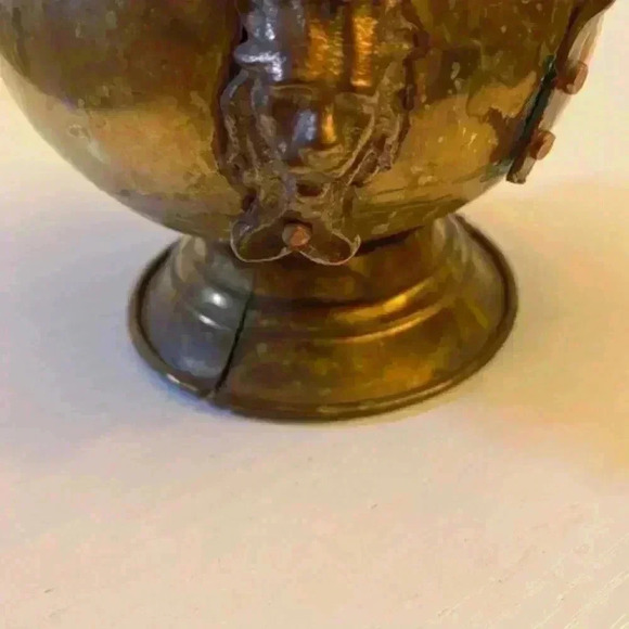 Antique Hand Crafted Pitcher With Lion Heads & Blue White Painted Handle - Picture 4 of 12